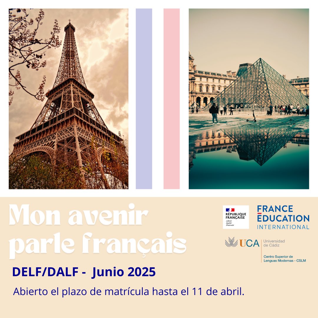 CSLM (@cslm_uca) on Twitter photo ➡️Ya tenemos publicados los exámenes de #acreditación oficial DELF/DALF 🇫🇷 de la convocatoria de junio.
✅ Precio reducido para los estudiantes UCA (último curso de Grado, Máster y Doctorado)
¡Inscríbete hoy! 😉
ℹ️ cslm.uca.es/subhome-servic…
#delfdalf
<a href="/univcadiz/">Universidad de Cádiz</a>
<a href="/ucaoficina/">Oficina del Estudiante UCA</a> ➡️Ya tenemos publicados los exámenes de #acreditación oficial DELF/DALF 🇫🇷 de la convocatoria de junio.
✅ Precio reducido para los estudiantes UCA (último curso de Grado, Máster y Doctorado)
¡Inscríbete hoy! 😉
ℹ️ cslm.uca.es/subhome-servic…
#delfdalf
<a href="/univcadiz/">Universidad de Cádiz</a>
<a href="/ucaoficina/">Oficina del Estudiante UCA</a>