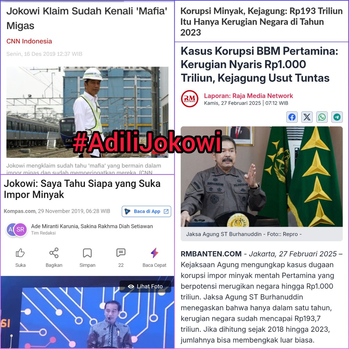 Chusnul ch๐timah (@ch_chotimah2) on Twitter photo 2019 <a href="/jokowi/">Joko Widodo</a> mengakui sdh kenali dan tau mafia migas yg suka impor.
2018-2023 terjadi korupsi impor migas Pertamina, kerugian 1000 T
Kalo tau dan kenal knp ga mencegah atau menangkap?
Apa sengaja membiarkan atau melindungi?
RT jika setuju #AdiliJokowi ๐ฅ
<a href="/KejaksaanRI/">Kejaksaan RI</a> <a href="/KPK_RI/">KPK</a> 2019 <a href="/jokowi/">Joko Widodo</a> mengakui sdh kenali dan tau mafia migas yg suka impor.
2018-2023 terjadi korupsi impor migas Pertamina, kerugian 1000 T
Kalo tau dan kenal knp ga mencegah atau menangkap?
Apa sengaja membiarkan atau melindungi?
RT jika setuju #AdiliJokowi ๐ฅ
<a href="/KejaksaanRI/">Kejaksaan RI</a> <a href="/KPK_RI/">KPK</a>
