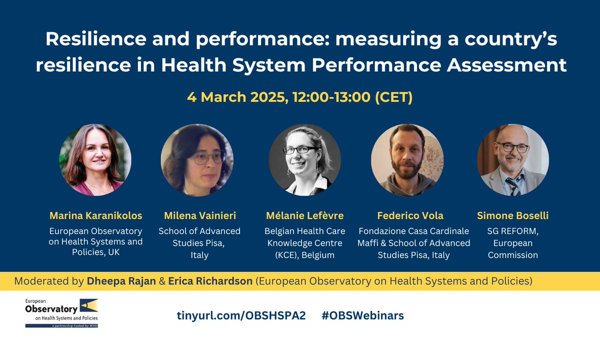 European Observatory on Health Systems & Policies (@obshealth) on Twitter photo 💪 #Resilience is a key preoccupation of policy-makers. Yet how to integrate it into health system performance assessments?
🔗 Join us at #OBSwebinars next Tuesday, 4 March 12:00 CET eurohealthobservatory.who.int/news-room/even…
📑 Discover the related <a href="/WHO/">World Health Organization (WHO)</a> Bulletin on #HSPA: eurohealthobservatory.who.int/docs/libraries… 💪 #Resilience is a key preoccupation of policy-makers. Yet how to integrate it into health system performance assessments?
🔗 Join us at #OBSwebinars next Tuesday, 4 March 12:00 CET eurohealthobservatory.who.int/news-room/even…
📑 Discover the related <a href="/WHO/">World Health Organization (WHO)</a> Bulletin on #HSPA: eurohealthobservatory.who.int/docs/libraries…