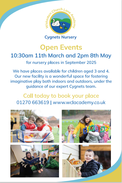 Wistaston Church Lane Academy will be holding Open Events soon! 📢

They currently have places available for children aged 3 and 4 to join their imaginative and caring nursery.

To book your place, please call 01270 663619 📞

Find out more➡️ wclacademy.co.uk