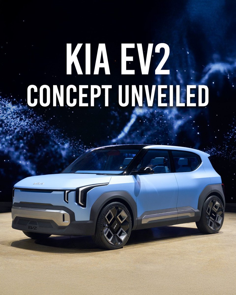 PowerDrift's tweet photo. Kia unveils the EV2 concept, a glimpse into its upcoming entry-level electric car set for 2026. With a boxy design, dual-claw headlights, a minimalist interior, a dual-screen setup, and fold-up rear seats.
#PowerDrift #PDArmy #KiaEV2 #Kia #KiaConcept https://t.co/0vl3PfZQ5F