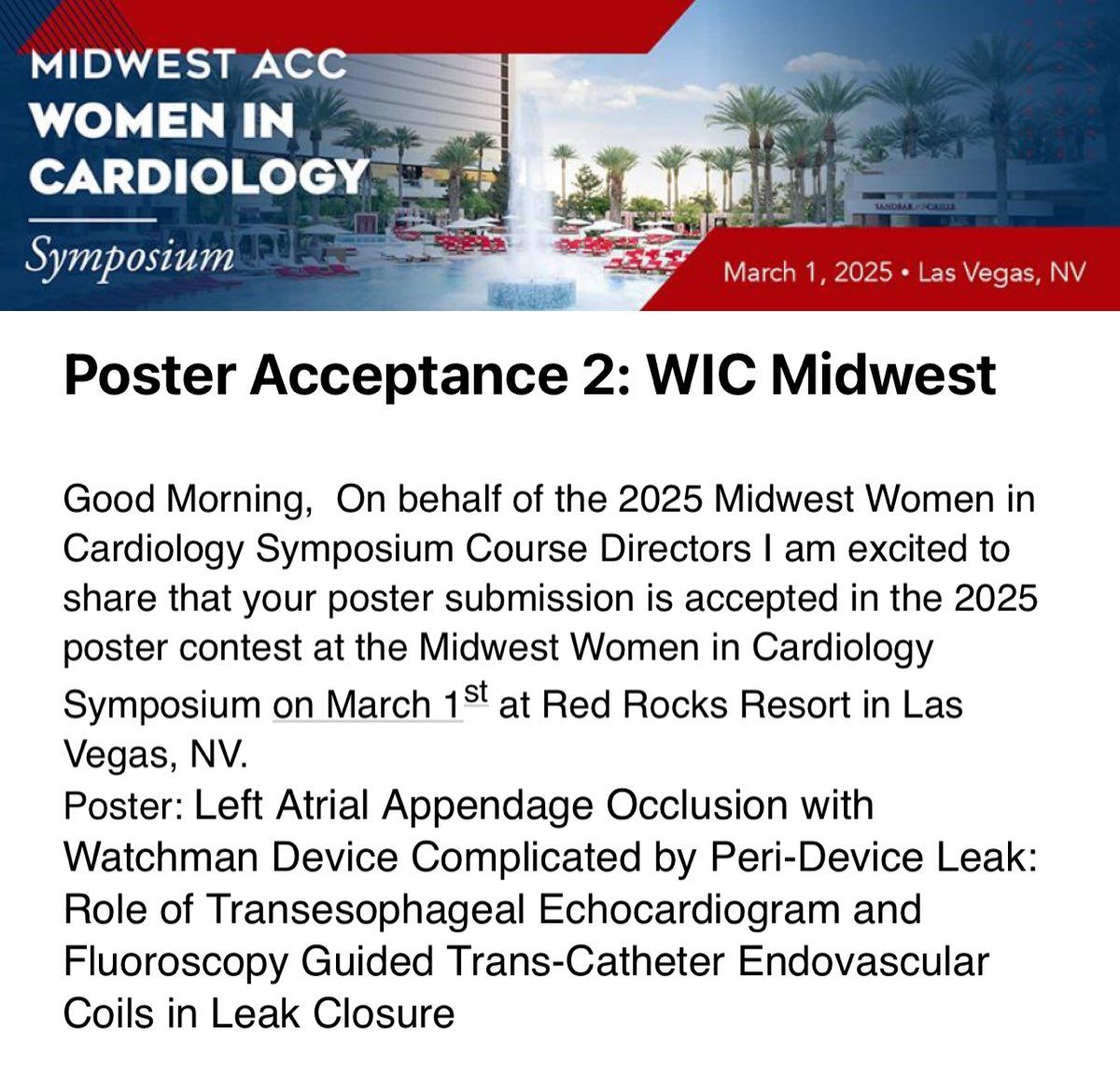 Shikha_Cardio's tweet photo. 2 days to go 🤩! So excited as I will be presenting 4 of my posters at Mid-West ACC WIC Annual Meeting this weekend in Las Vegas. #InterventionalBound 💪😍❤️
✅ 1 QI project
✅ 2 Cases
✅ 1 Research
Grateful for all the support from my mentors and family! Looking forward to meeting lots of special people in the field, learn and make memories 🫀 #WIC #ACC #FIT @uw_cvm @AnneOConnorMD