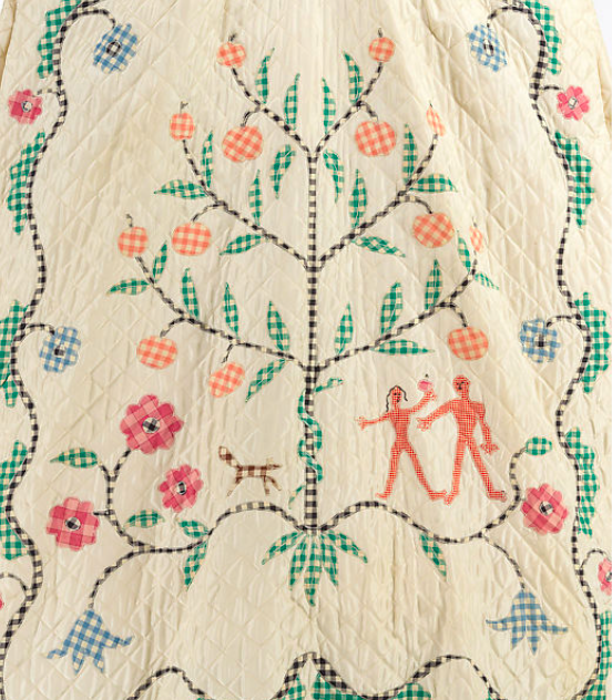 MadameGilflurt's tweet photo. When #GilbertAdrian discussed his 1947 "Pennsylvania Dutch" look with Vogue, he admitted that the #frockingfabulous number had been designed "purely for prettiness, for the big romantic moments." It's got Adam and Eve, the Tree of Life and even a little dog! Via the Met. #fashionhistory