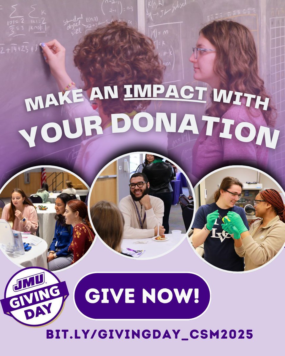 It's finally here! We are highlighting two funds for #JMUGivingDay: the CSM General Fund will help us support research and scholarships, and the Dr. Edwin O'Shea Memorial Scholarship will fund students participating in mathematics research. bit.ly/givingday_csm2…