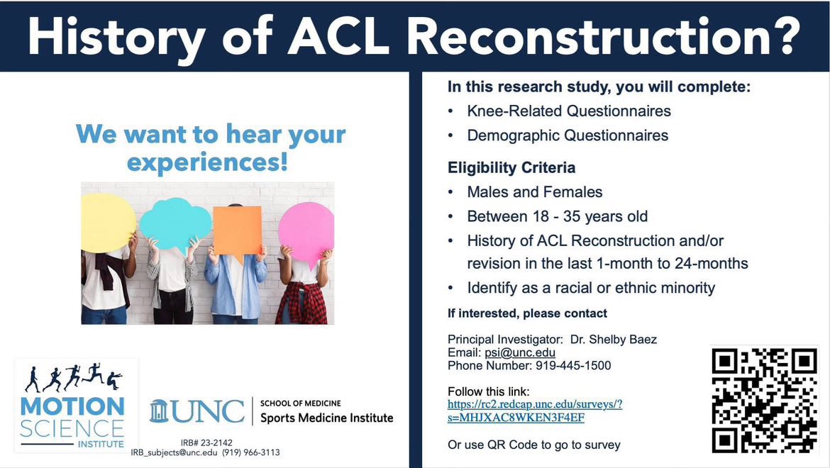 Per Dr. Shelby Baez: please consider filling out this survey study about racial and ethnic minority athletes after ACLR. This will help student Rhyan Creighton in her masters thesis. Follow the link or use the QR code to take the survey! rc2.redcap.unc.edu/surveys/?s=MHJ…
#EDAC365 #EDAC4ALL