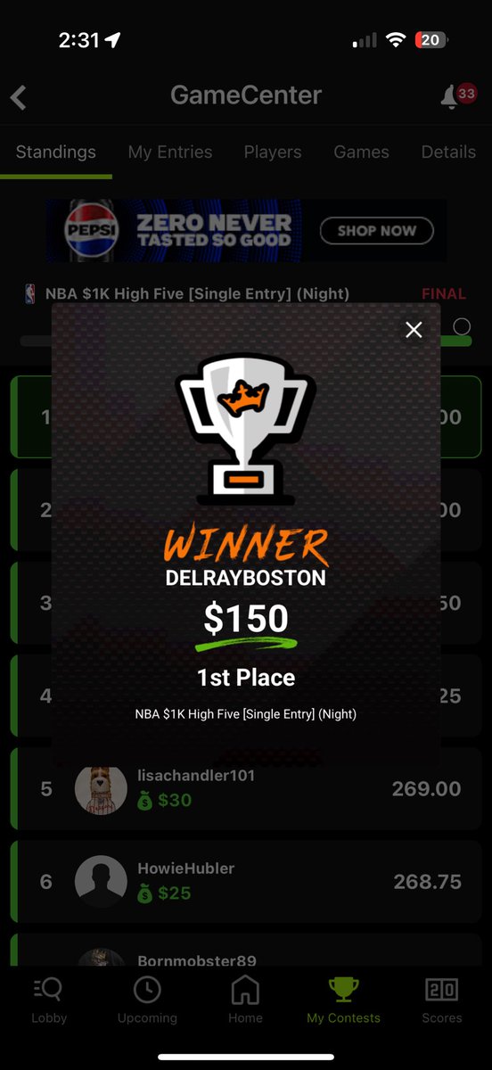 DelRayBoston's tweet image. Praise Be, I finally took one down… nice return on a $5 contest too #NBA #DraftKings #fantasy #winning #basketball