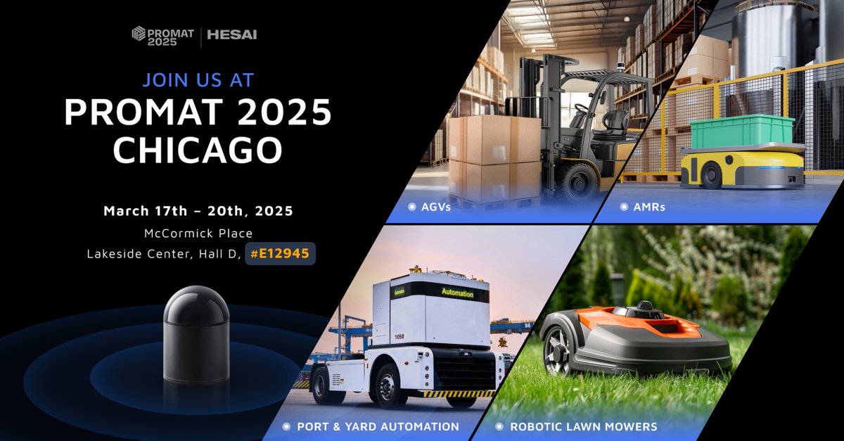 Hesai Technology (@hesaitech) on Twitter photo Want to check out Hesai's lidar products for industrial applications in person in the US? You're in luck—our team will attend ProMat 2025 March 17-20 in Chicago!
If you would like to book a meeting with our team of lidar experts, especially if you're struggling to find innovative Want to check out Hesai's lidar products for industrial applications in person in the US? You're in luck—our team will attend ProMat 2025 March 17-20 in Chicago!
If you would like to book a meeting with our team of lidar experts, especially if you're struggling to find innovative