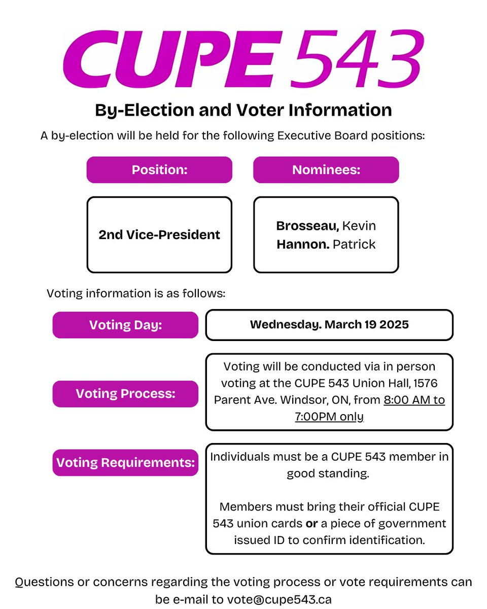 CUPE543's tweet photo. A by-election will be held to fill the vacant Vice-President on our executive board on March 19 from 8 AM to 7PM. Please ensure you are in good standing and bring  your official CUPE 543 union card or a piece of government ID! https://t.co/fQA70cZXNa
