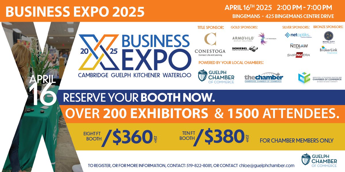 🚀#GuelphChamber Members - Book your booth for the 2025 Business Expo - presented by <a href="/ConestogaC/">Conestoga College</a>
Join us on April 16 at <a href="/Bingemans/">Bingemans</a> to showcase your business to 1,500+ attendees. Exclusively for members – reserve your booth now!    bit.ly/3ZDGWf0