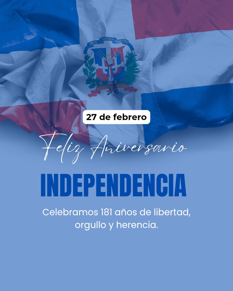 Hoy celebramos el valor de aquellos que lucharon por una patria libre. El #27DeFebrero no es solo una fecha, es el latir de un pueblo que se atrevió a soñar en grande. 

¡Viva la República Dominicana!
