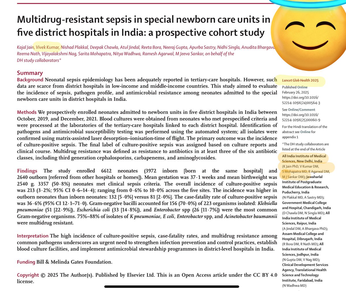 Dr. Vivek Kumar MD DM (@vivekneoaiims) on Twitter photo SNCUs cater to the highest load of newborns in India. 👶
Yet the culture-positive sepsis & antimicrobial resistance (AMR) data from them are lacking. 🦠
Our latest article in <a href="/LancetGH/">The Lancet Global Health</a> brings out India's AMR challenge and the possible way forward.
sciencedirect.com/science/articl… SNCUs cater to the highest load of newborns in India. 👶
Yet the culture-positive sepsis & antimicrobial resistance (AMR) data from them are lacking. 🦠
Our latest article in <a href="/LancetGH/">The Lancet Global Health</a> brings out India's AMR challenge and the possible way forward.
sciencedirect.com/science/articl…
