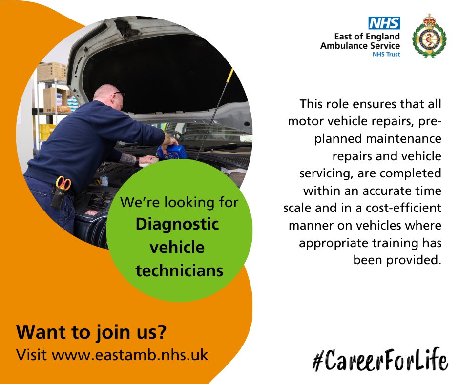Calling all mechanics! 🛠️

We're currently looking for diagnostic vehicle technicians in Suffolk, Southend, Stevenage and Chelmsford to help keep our ambulances on the road responding to patients 🚑

Start your #CareerForLife with us today.

eastamb.nhs.uk/join-the-team/…
