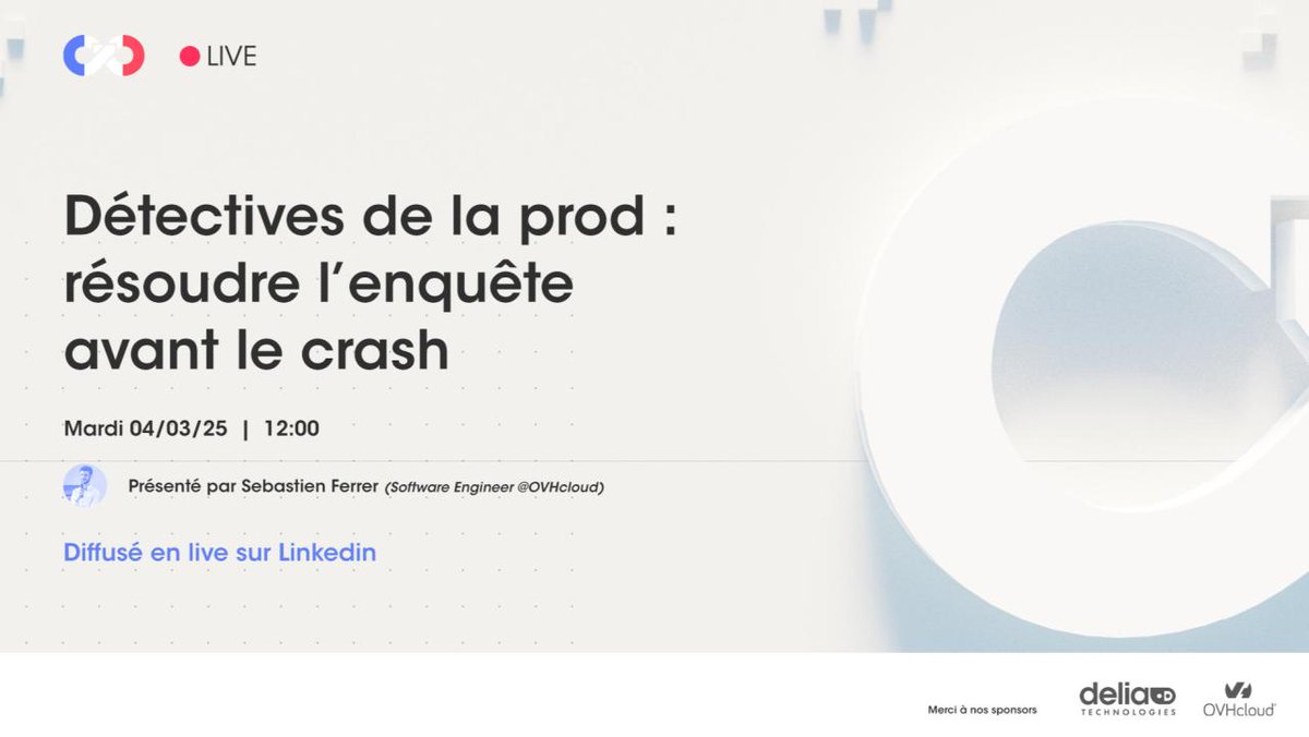 OVHcloud Careers (@ovhcloudcareers) on Twitter photo Notre ambassadeur Sébastien parlera le 4/03 de RUN, gestion d'incidents, troubleshooting et bonnes pratiques de dev autour de ce domaine 🔍
🗓️ mardi 4 mars
⏰ 12h à 13h
Avec <a href="/FranceDevOps/">France DevOps</a>
plus d'infos ici 👉 linkedin.com/events/7298275… Notre ambassadeur Sébastien parlera le 4/03 de RUN, gestion d'incidents, troubleshooting et bonnes pratiques de dev autour de ce domaine 🔍
🗓️ mardi 4 mars
⏰ 12h à 13h
Avec <a href="/FranceDevOps/">France DevOps</a>
plus d'infos ici 👉 linkedin.com/events/7298275…