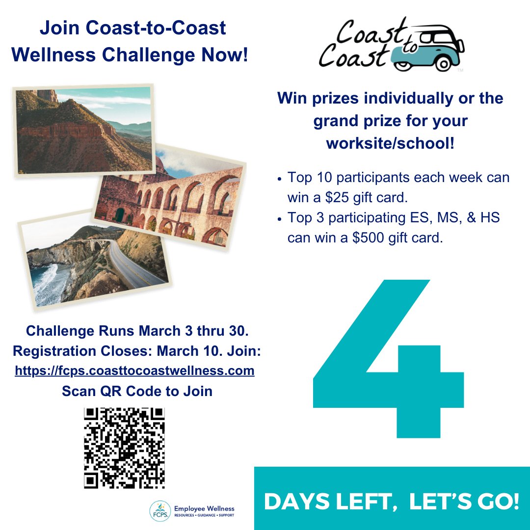 FCPS Employee Wellness (@fcpswellness) on Twitter photo Feb 27
Coast to Coast Spring Challenge
Join Today: fcps.coasttocoastwellness.com
To learn more, watch the Coast to Coast video at tinyurl.com/2s4f3hdp
Don't miss out on the adventure!
<a href="/FCPSWellness/">FCPS Employee Wellness</a>
#CoasttoCoastChallenge #LetsGoFCPS Feb 27
Coast to Coast Spring Challenge
Join Today: fcps.coasttocoastwellness.com
To learn more, watch the Coast to Coast video at tinyurl.com/2s4f3hdp
Don't miss out on the adventure!
<a href="/FCPSWellness/">FCPS Employee Wellness</a>
#CoasttoCoastChallenge #LetsGoFCPS