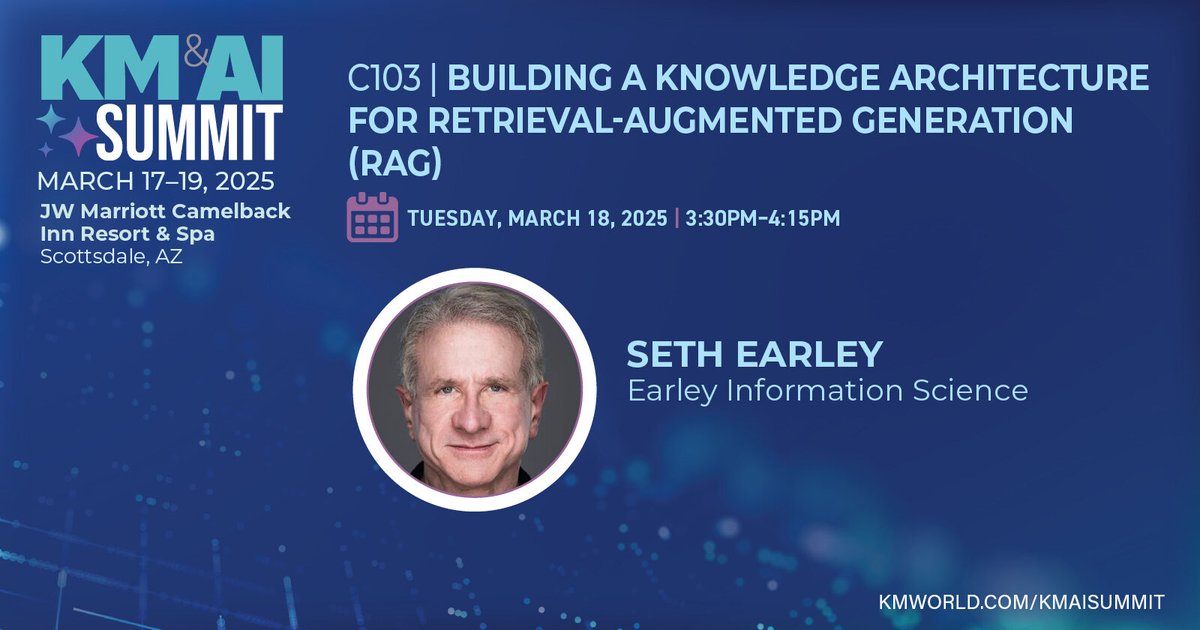 Seth is speaking at KM &amp; AI Summit in Scottsdale! Catch his session, "Building a Knowledge Architecture for Retrieval-Augmented Generation," on March 18.

Save $300 with code SE300!
📅 March 17-19, 2025
🔗 Register: hubs.ly/Q037_wZ90

#KMSummit #AI #KnowledgeManagement