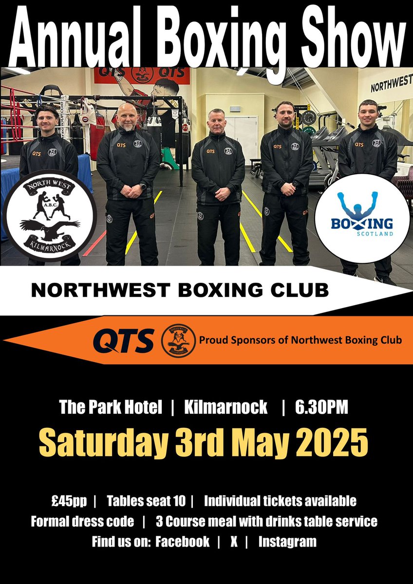 Northwest Boxing Club (@northwestabc) on Twitter photo Only 9 weeks on Saturday until Show time !
Our boxers are all training hard with their eyes set firmly on Sat 3rd May.
Get your tickets booked ASAP to avoid missing out on a fantastic night.
<a href="/officialQTS/">Official QTS Group</a>
@eacSport
<a href="/KillieStandard/">Kilmarnock Standard</a>
Team Northwest π€π Only 9 weeks on Saturday until Show time !
Our boxers are all training hard with their eyes set firmly on Sat 3rd May.
Get your tickets booked ASAP to avoid missing out on a fantastic night.
<a href="/officialQTS/">Official QTS Group</a>
@eacSport
<a href="/KillieStandard/">Kilmarnock Standard</a>
Team Northwest π€π