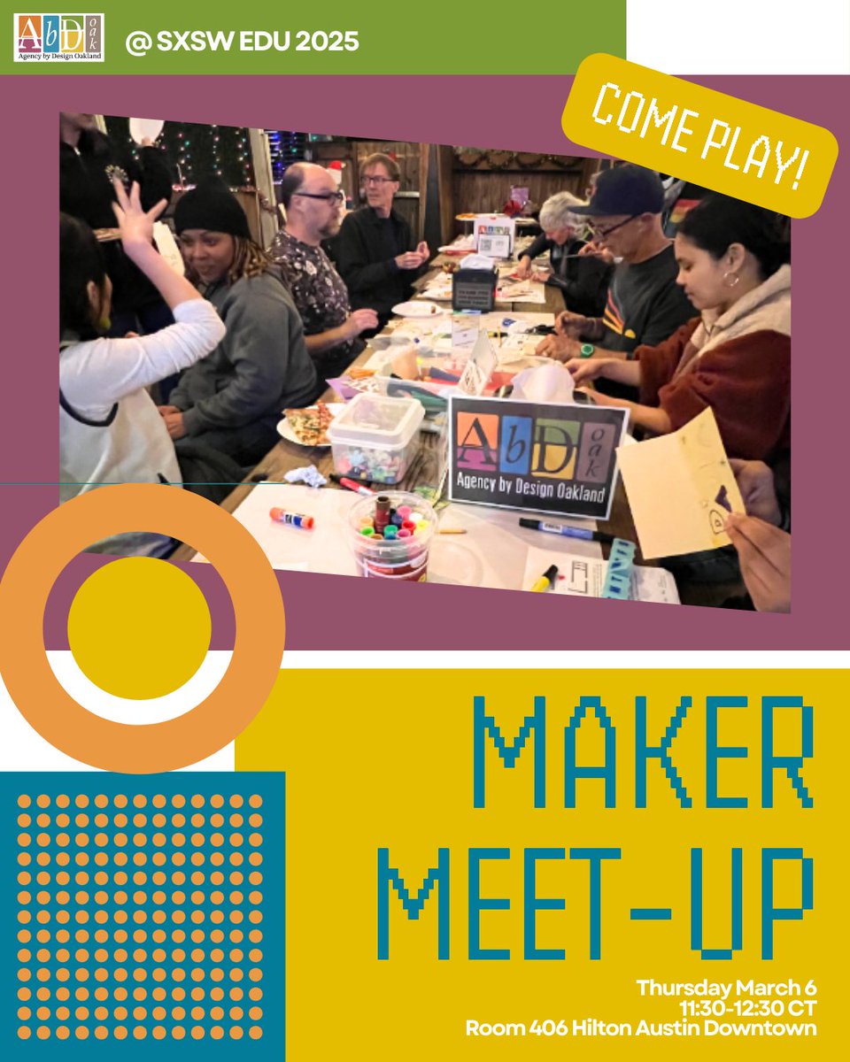 AbdOakland's tweet image. Heading to #SXSWEDU or #SXSW next week? Come join us on crossover day for a Maker Meetup as you try out our tried and true #makercenteredlearning strategies
Thursday March 6, 2025
11:30am-12:30pm
Hilton Austin Downtown # 406
#sxsw2025 #sxswmeetup #makermeetup