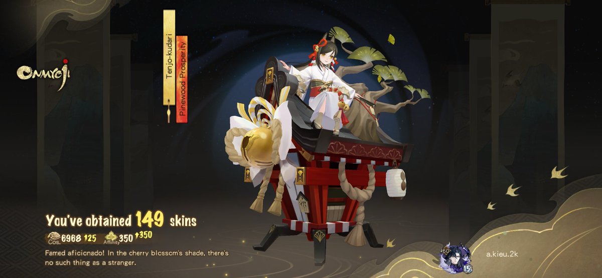 #OnmyojiMobileGame Famed aficionado! In the cherry blossom's shade, there's no such thing as a stranger. I have collected 149 Skinss so far! Explore beauty in the world of Onmyoji