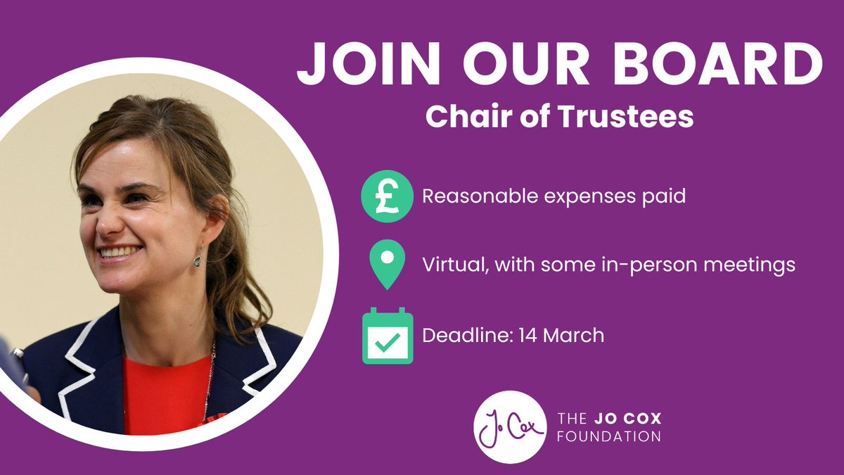 We are looking for a high-profile, influential and well networked leader to support us through our next phase as our new Chair of Trustees.

To find out more about the role, including details of how to apply, visit our website at the link below:

🔗 jocoxfoundation.org/job/chair-of-t…