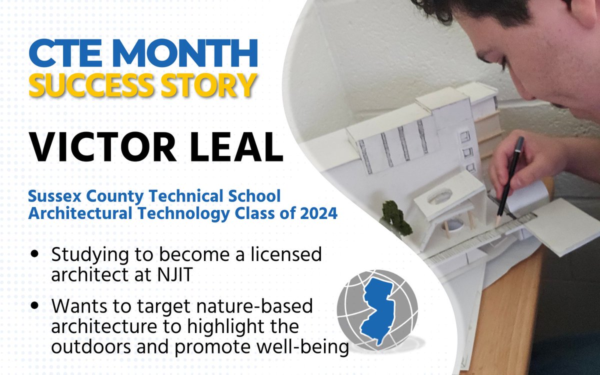 CareerTechNJ (@careertechnj) on Twitter photo Victor Leal graduated from <a href="/SussexTech/">Sussex Tech</a> just last year, but the school already considers him a #CTEMonth Success Story because of how he made the most of his HS education to build on his passion for architecture and stand out to gain acceptance to NJIT. tinyurl.com/322kj4wz Victor Leal graduated from <a href="/SussexTech/">Sussex Tech</a> just last year, but the school already considers him a #CTEMonth Success Story because of how he made the most of his HS education to build on his passion for architecture and stand out to gain acceptance to NJIT. tinyurl.com/322kj4wz