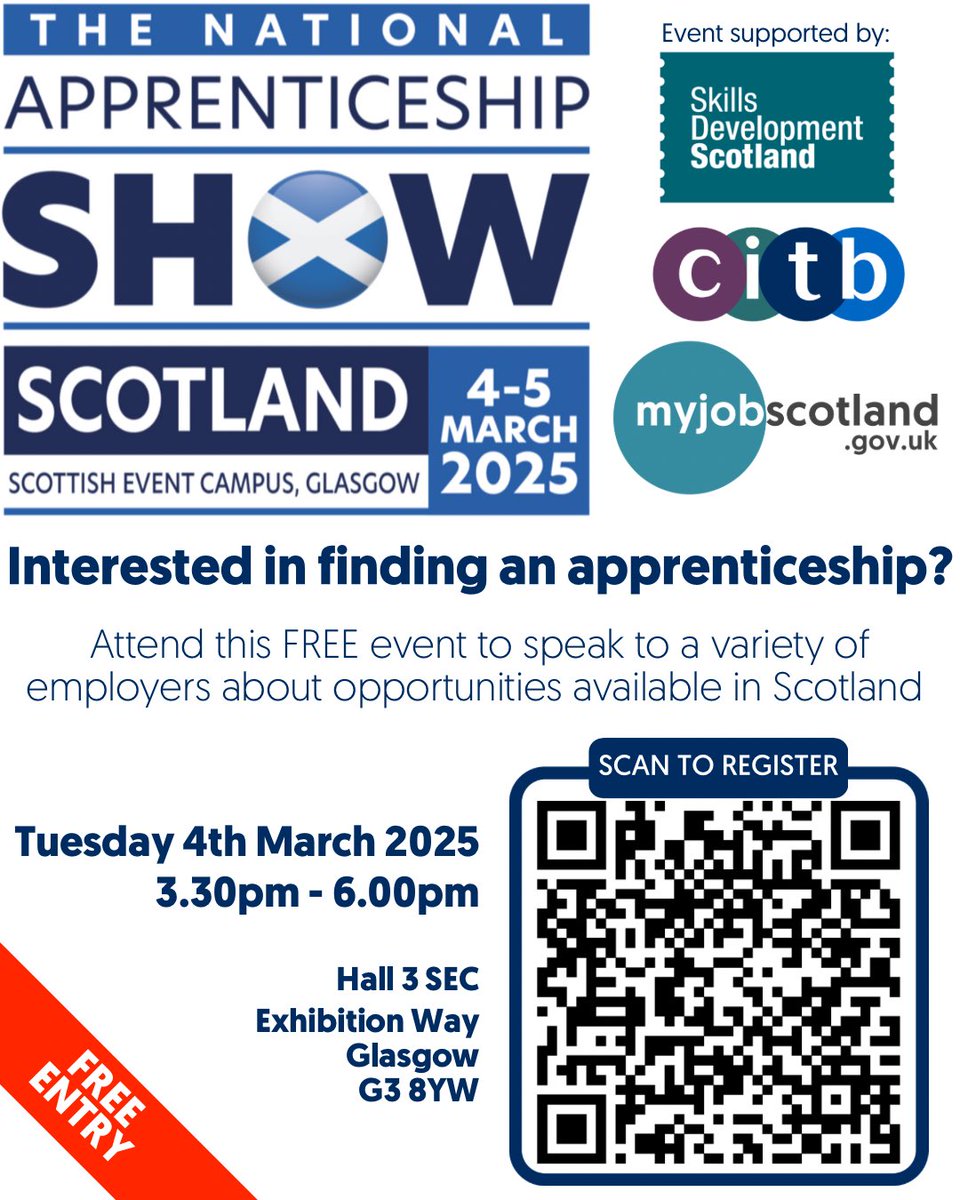 The National Apprenticeship Show 2025 (Glasgow SEC) is FREE to attend and has a dedicated session for individuals/parents/carers on Tuesday the March 2025 from 3.30pm to 6pm.

To register your attendance go to:
nationalapprenticeshipshow.org/scotland/scotl…