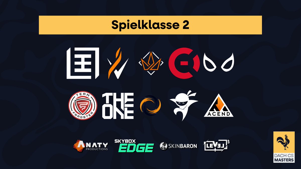 DACH CS Masters (@dachcs) on Twitter photo Die Teams der Spielklasse 2! 🤩
Ab nächster Woche sehen wir diese zehn Teams um den Aufstieg in die Spielklasse 1 kämpfen! 🤺
Mit <a href="/eCampFrankfurt/">proCamp Frankfurt</a> ProCamp UA, <a href="/InfernalVoid_IV/">Infernal Void</a>, <a href="/TheOneHQ/">THE ONE</a>, und <a href="/AcendDotGG/">AcendGG</a> haben wir gleich vier neue Teams dabei! 😎👏
#DACHCSMasters🐔 Die Teams der Spielklasse 2! 🤩
Ab nächster Woche sehen wir diese zehn Teams um den Aufstieg in die Spielklasse 1 kämpfen! 🤺
Mit <a href="/eCampFrankfurt/">proCamp Frankfurt</a> ProCamp UA, <a href="/InfernalVoid_IV/">Infernal Void</a>, <a href="/TheOneHQ/">THE ONE</a>, und <a href="/AcendDotGG/">AcendGG</a> haben wir gleich vier neue Teams dabei! 😎👏
#DACHCSMasters🐔