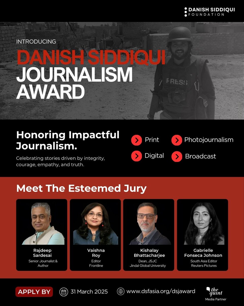 📢 Introducing the Danish Siddiqui Journalism Award

Recognizing impactful stories driven by integrity, courage, empathy, and truth!

🏆 Entries are now open for Indian journalists and foreign correspondents based in India
📌 Categories: Print, Photojournalism, Digital, Broadcast