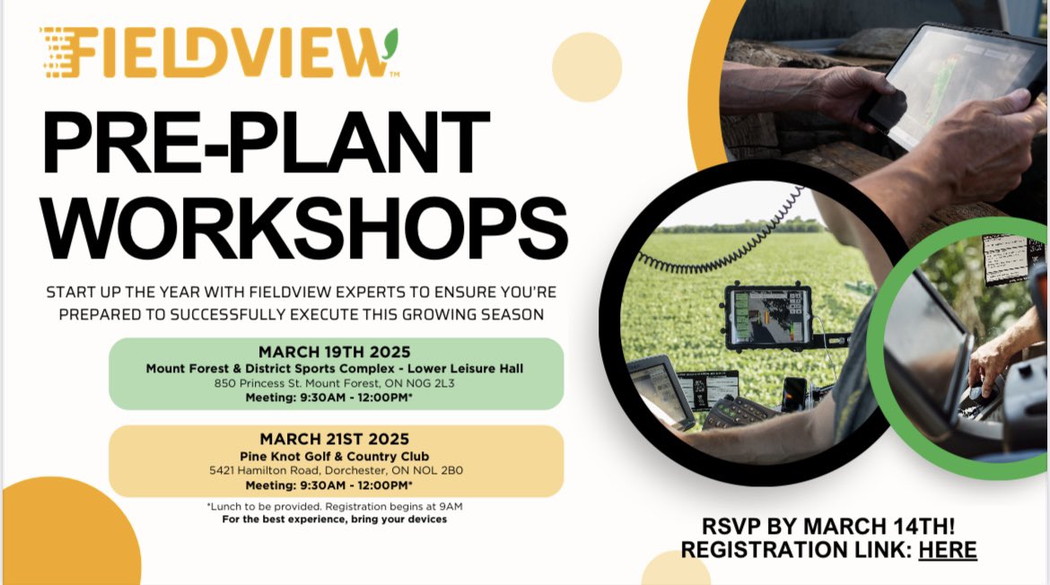 Hey #ontag! We’re back with another round of #FieldView Workshops! 

Join us March 19th in Mount Forest or March 21st in Dorchester. Bring your devices &amp; questions as we gear up for #plant25

Register using the link ⬇️

eng1e.seismic.com/ls/bc11d4c5-7d…