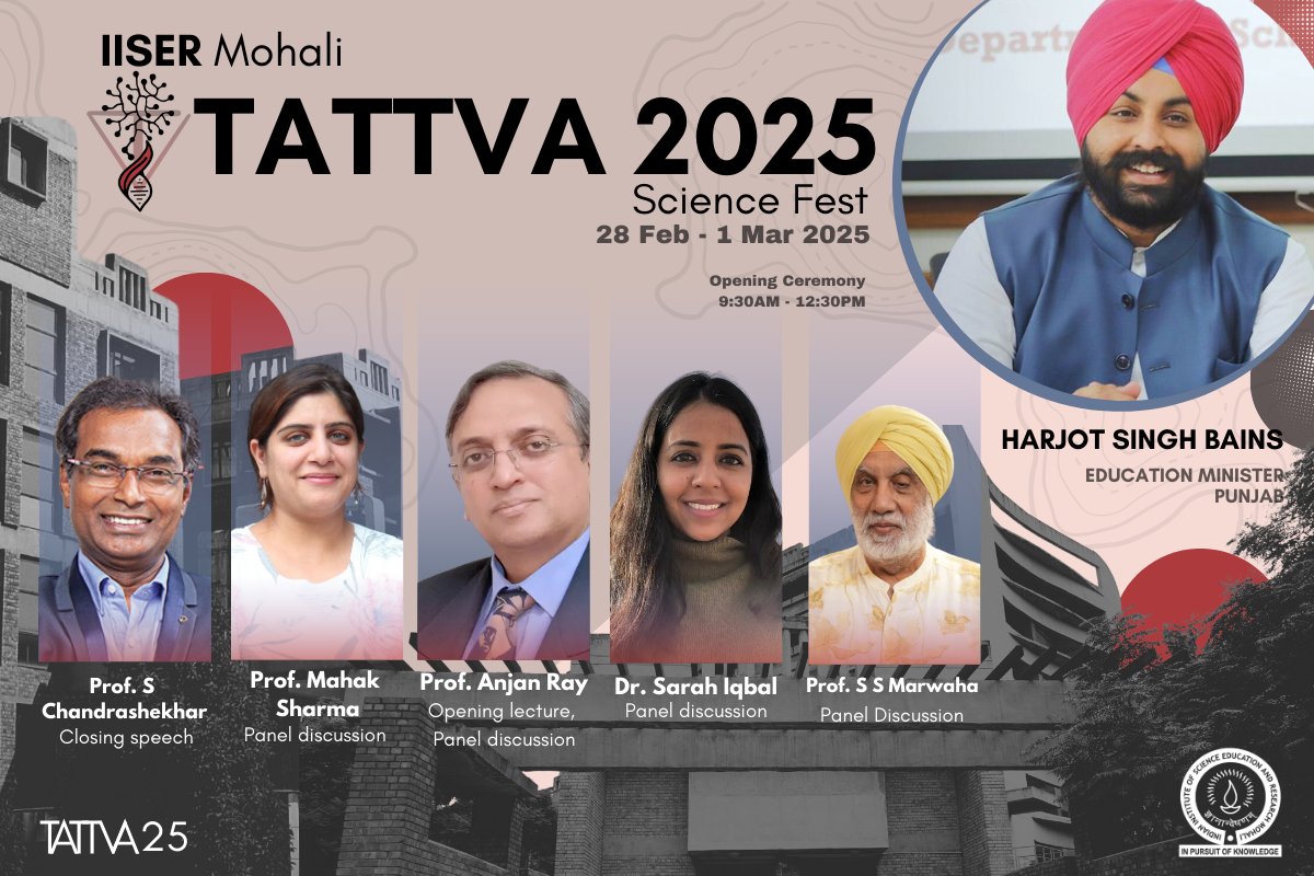 Tattva IISER Mohali (@tattvaiiserm) on Twitter photo Only a day left for Tattva '25!
Hope to see you all in a day full of fun and science!
<a href="/IiserMohali/">IISER Mohali</a> <a href="/ProfAnilKumarT1/">Anil K Tripathi</a> Only a day left for Tattva '25!
Hope to see you all in a day full of fun and science!
<a href="/IiserMohali/">IISER Mohali</a> <a href="/ProfAnilKumarT1/">Anil K Tripathi</a>