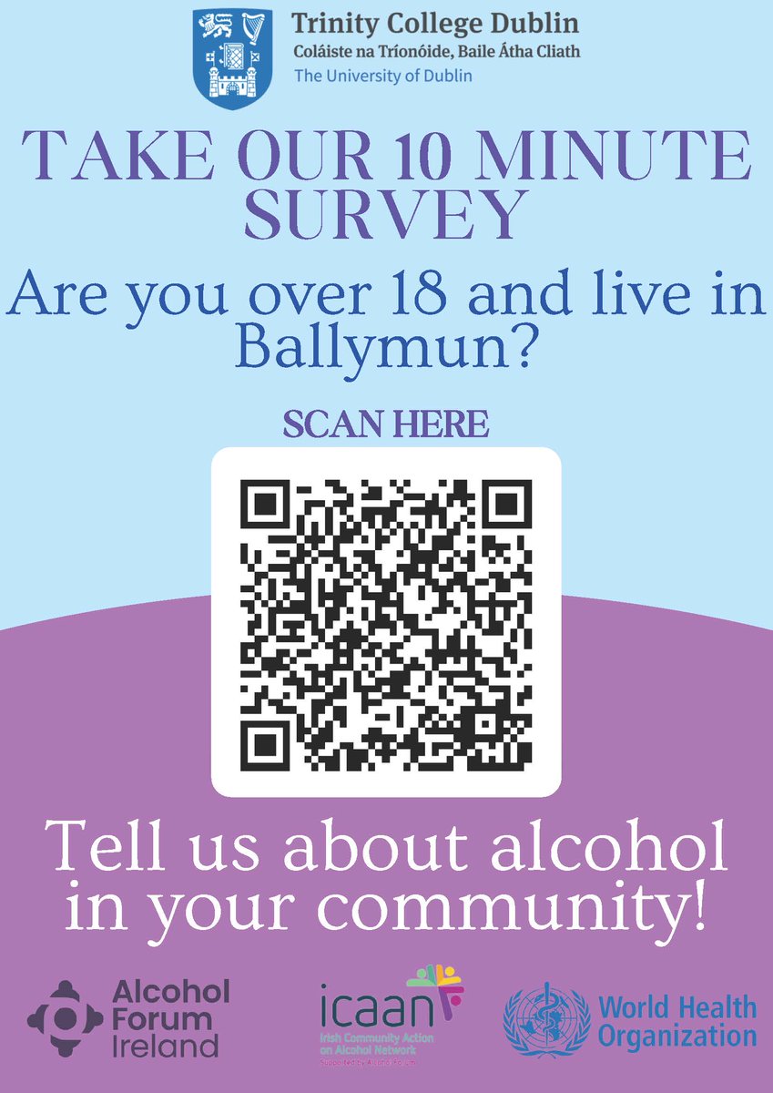 📢 Please give us 10 minutes of your time 📢
If you live in Ballymun tell us about alcohol in our community. The survey is being undertaken by Trinity College. Scan the qr code/use this link tinyurl.com/3b539w7s
We would be grateful if you could also share this post
Thank you