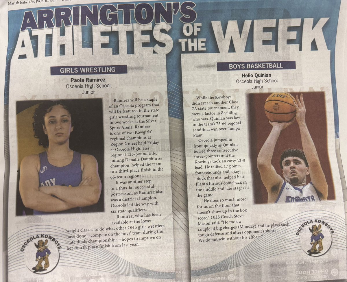 Kowboys Athletics (@kowboyathletics) on Twitter photo Congratulations <a href="/KowboyAthletics/">Kowboys Athletics</a> athletes Paola Ramirez & Helio Quinan named Arrington’s Athletes of the Week! Ramirez won Girls Region Title & Quinan helped lead BB to Region title game! #KowboyUp! <a href="/osceolasports/">News-Gazette Sports</a> <a href="/osvarsity/">Sentinel Varsity</a> <a href="/sdocathletics/">SDOC ATHLETICS</a> <a href="/positiveosceola/">Positively Osceola</a> Congratulations <a href="/KowboyAthletics/">Kowboys Athletics</a> athletes Paola Ramirez & Helio Quinan named Arrington’s Athletes of the Week! Ramirez won Girls Region Title & Quinan helped lead BB to Region title game! #KowboyUp! <a href="/osceolasports/">News-Gazette Sports</a> <a href="/osvarsity/">Sentinel Varsity</a> <a href="/sdocathletics/">SDOC ATHLETICS</a> <a href="/positiveosceola/">Positively Osceola</a>