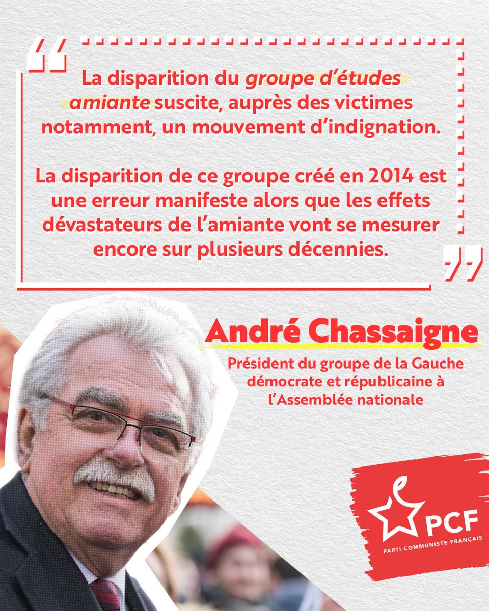 PCF's tweet image. Le groupe d’étude "Amiante" a été supprimé. Une aberration quand on sait que l’amiante continue de tuer des milliers de personnes chaque année ! 

@AndreChassaigne interpelle l'@AssembleeNat !