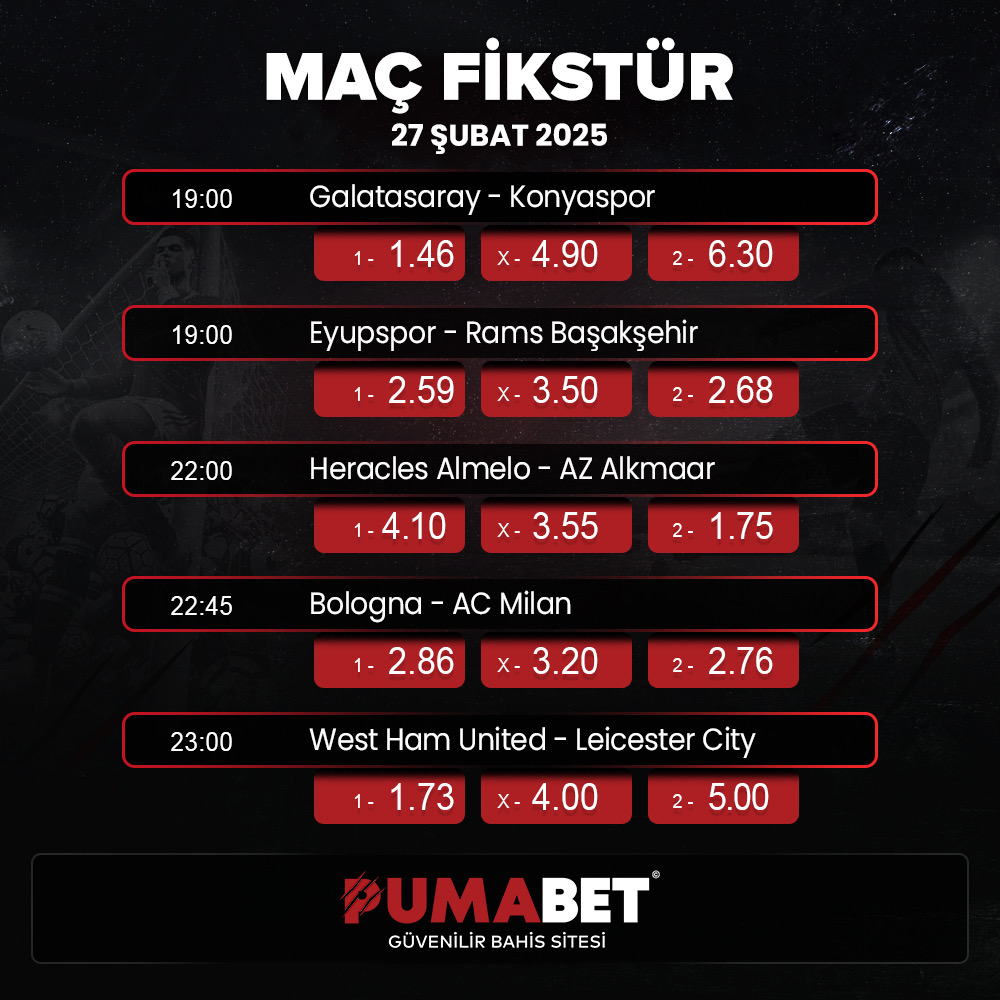 GÜNÜN MAÇLARINI KAÇIRMAYIN!

⚽️Galatasaray - Konyaspor⚽️
⚽️Eyüpspor - Başakşehir⚽️
⚽️Heracles Almelo - Alkmaar⚽️
⚽️Bologna - Milan⚽️
⚽️West Ham - Leicester⚽️