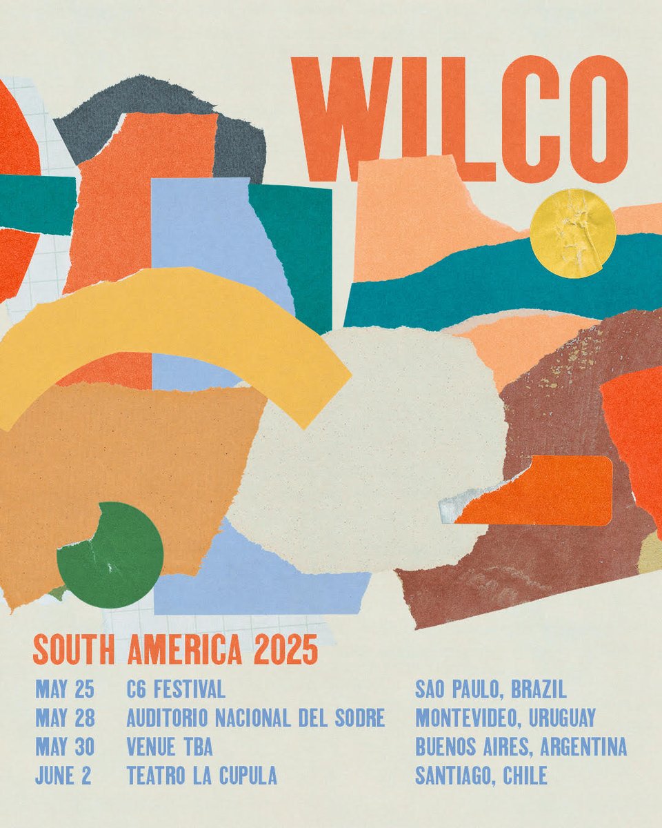🇧🇷 🇺🇾 🇦🇷 🇨🇱 

From the American South to South America!!!! It's been a while and we look forward to the return! Tickets for Brazil and Chile are on sale now. Uruguay tickets are available Friday. Argentina will be on sale March 14th.

🎟️: wilcoworld.net/shows
🎨: <a href="/zocastudio/">Jose Garcia</a>