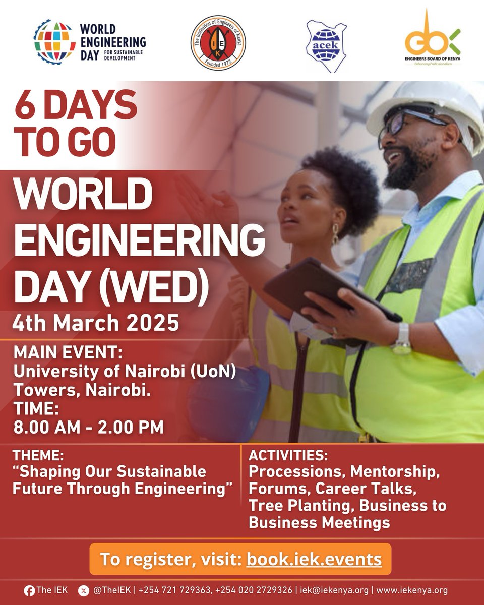 The Institution of Engineers of Kenya (@theiek) on Twitter photo We invite you to celebrate World Engineering Day on 4th March 2025 at the University of Nairobi Towers, Nairobi, from 8:00 AM to 2:00 PM.
Simultaneously, we will be hosting activities across our branches: IEK Capital (<a href="/IekBranch/">IEK Capital Branch</a>), Nyanza (<a href="/ieknyanza/">IEK Nyanza Branch</a> ), North Rift We invite you to celebrate World Engineering Day on 4th March 2025 at the University of Nairobi Towers, Nairobi, from 8:00 AM to 2:00 PM.
Simultaneously, we will be hosting activities across our branches: IEK Capital (<a href="/IekBranch/">IEK Capital Branch</a>), Nyanza (<a href="/ieknyanza/">IEK Nyanza Branch</a> ), North Rift
