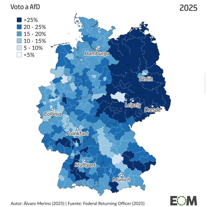 Eduardo Saldaña (@eduardosaldania) on Twitter photo Cuatro mapas para entender el crecimiento de AfD en Alemania.
Desde su feudo en los estados del este, el partido se ha extendido poco a poco por el país hasta convertirse en la segunda fuerza.
Un trabajo de <a href="/Alvaro_Merino_/">Álvaro Merino</a> y <a href="/David_Gmez99/">David Gómez</a> en <a href="/elOrdenMundial/">El Orden Mundial</a>. Cuatro mapas para entender el crecimiento de AfD en Alemania.
Desde su feudo en los estados del este, el partido se ha extendido poco a poco por el país hasta convertirse en la segunda fuerza.
Un trabajo de <a href="/Alvaro_Merino_/">Álvaro Merino</a> y <a href="/David_Gmez99/">David Gómez</a> en <a href="/elOrdenMundial/">El Orden Mundial</a>.