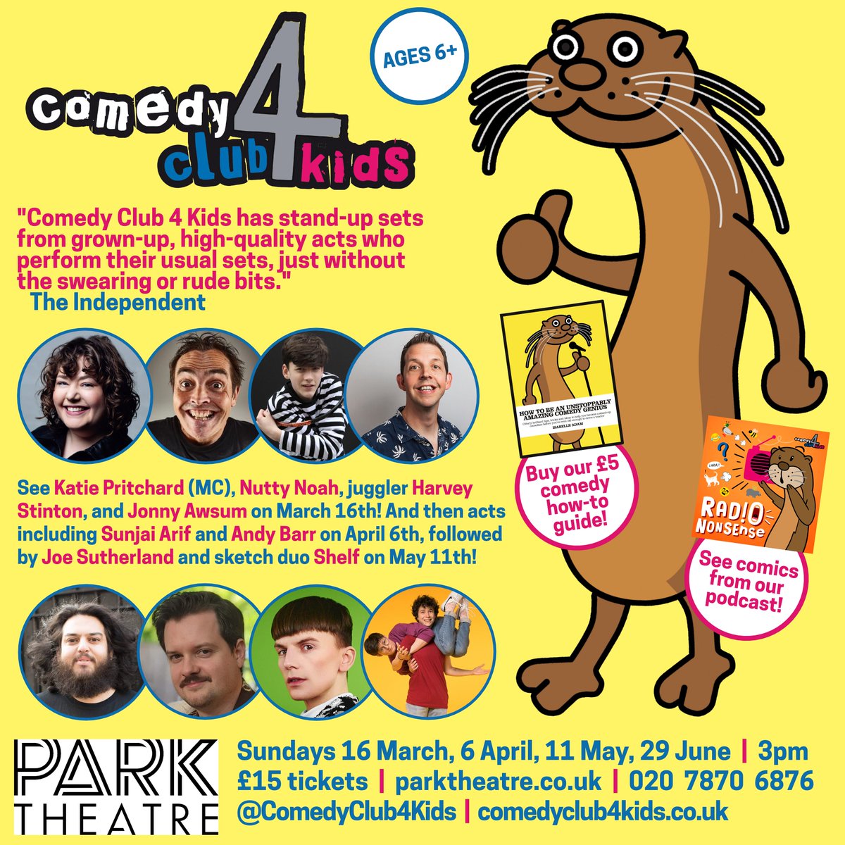 Comedy Club 4 Kids (@comedyclub4kids) on Twitter photo Finsbury Park! We're back at <a href="/ParkTheatre/">Park Theatre</a> on March 16th, with comedy goodness from <a href="/katiepritchards/">Katie Pritchard 🕺☀️🦭🌈 #DISCOBALL</a>, <a href="/nuttynoah/">ɥɐou ʎʇʇnu</a>, Harvey Stinton and <a href="/jonnyawsum/">Jonny Awsum</a>! Then more on April 6th (with <a href="/Sanjsmash/">sunjai arif</a> & <a href="/SomeNiceFun/">Andy Barr</a>), and May 11th (with Joe Sutherland & <a href="/shelfcomedy/">Shelf</a>)!
🎟️parktheatre.co.uk/event/comedy-c… Finsbury Park! We're back at <a href="/ParkTheatre/">Park Theatre</a> on March 16th, with comedy goodness from <a href="/katiepritchards/">Katie Pritchard 🕺☀️🦭🌈 #DISCOBALL</a>, <a href="/nuttynoah/">ɥɐou ʎʇʇnu</a>, Harvey Stinton and <a href="/jonnyawsum/">Jonny Awsum</a>! Then more on April 6th (with <a href="/Sanjsmash/">sunjai arif</a> & <a href="/SomeNiceFun/">Andy Barr</a>), and May 11th (with Joe Sutherland & <a href="/shelfcomedy/">Shelf</a>)!
🎟️parktheatre.co.uk/event/comedy-c…