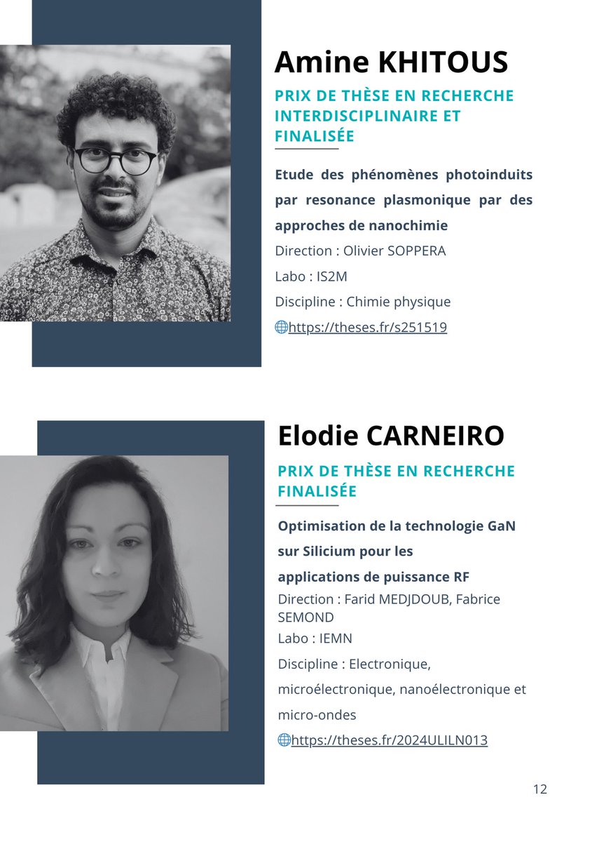 Bravo aux lauréat.es du prix de thèse 2024 du C'Nano ! Nous sommes impatient.es de vous entendre* lors du congrès #CNANO25
🏆 Kangkang GE* 
🏆 Fanny THORIMBERT
🏆Maëlle BENEFICE* 
🏆Corentin DABARD*  
🏆Amine KHITOUS*
🏆 Elodie CARNEIRO*