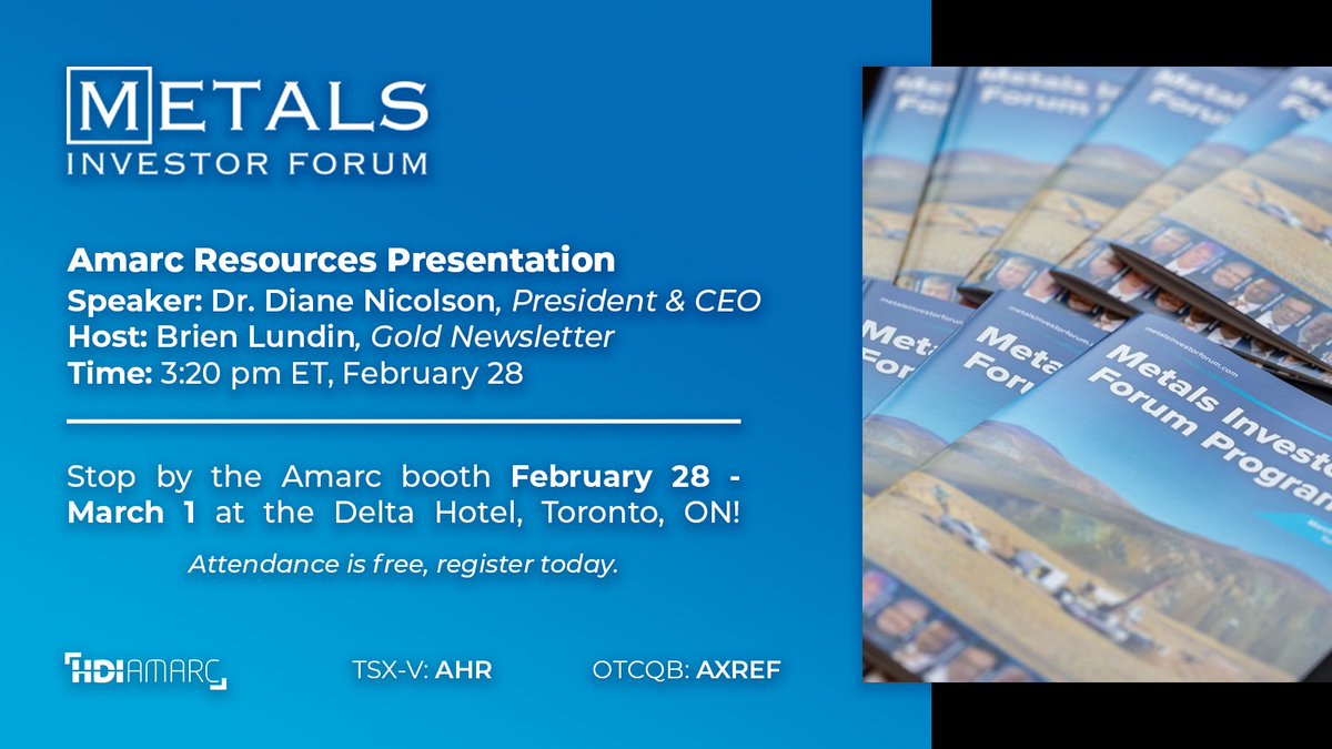 HDI_Amarc's tweet image. Amarc $AHR.V | $AXREF CEO Dr. Diane Nicolson will be presenting at the @MetalsInvtForum #MIF2025 in Toronto at 3:20pm ET on Feb 28 during @Brien_Lundin&apos;s session.

Don&apos;t miss this opportunity to learn more about Amarc&apos;s high grade, gold-rich, porphyry copper-gold-silver AuRORA…
