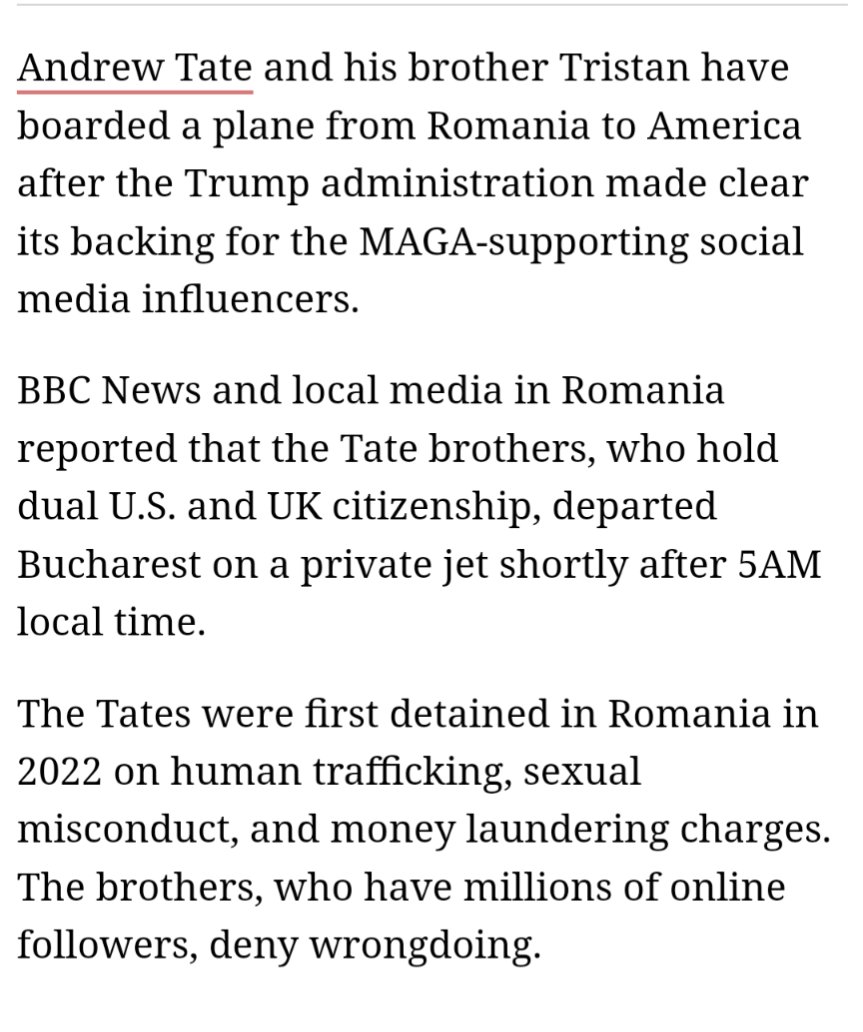 ask_aubry's tweet photo. So the Trump admin pressures Romania to free the Tate brothers.  And why would anyone be surprised,  r*pist supporting rap*st. https://t.co/fK2fhzmCKf