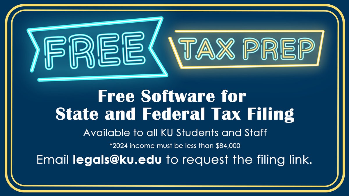 KU_LSS's tweet image. Taxpayers who made less than $84,000 in 2024 can request access to free tax prep software by emailing LSS at legals@ku.edu.