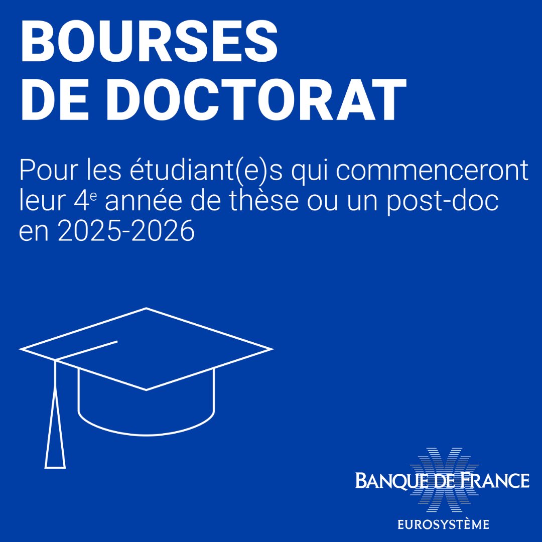 📢 #BoursesdedoctoratBdF

Vous commencerez votre 4ᵉ année de thèse en 2025-2026 ou vous êtes étudiant(e) en contrat doctoral en économie pour l'année 2025-2026 ?
📚🔍🎓 Les Bourses de doctorat en économie de la Banque de France sont ouvertes aux candidatures jusqu'au 2 avril