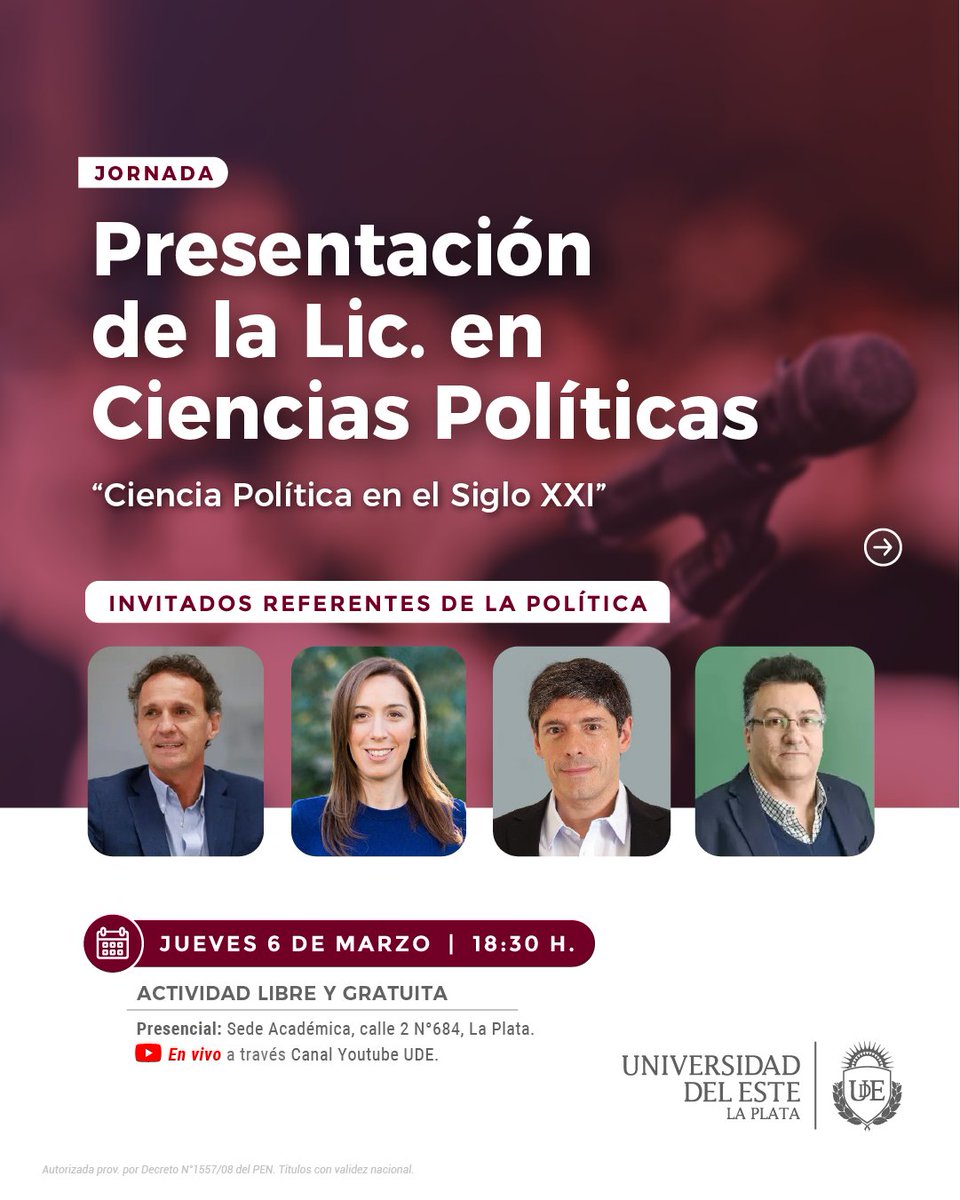 📢 ¡Estamos emocionados de anunciar la presentación de la Licenciatura en Ciencias Políticas en la UDE! 
🗓️ Los invitamos el 6 de marzo a las 18:30 hrs. en Calle 2 N°684.

👉 Enterate de todo acá: ude.edu.ar/eventos/jornad…

¡Acceso libre y gratuito!
#NuevaCarrera #CienciasPolíticas