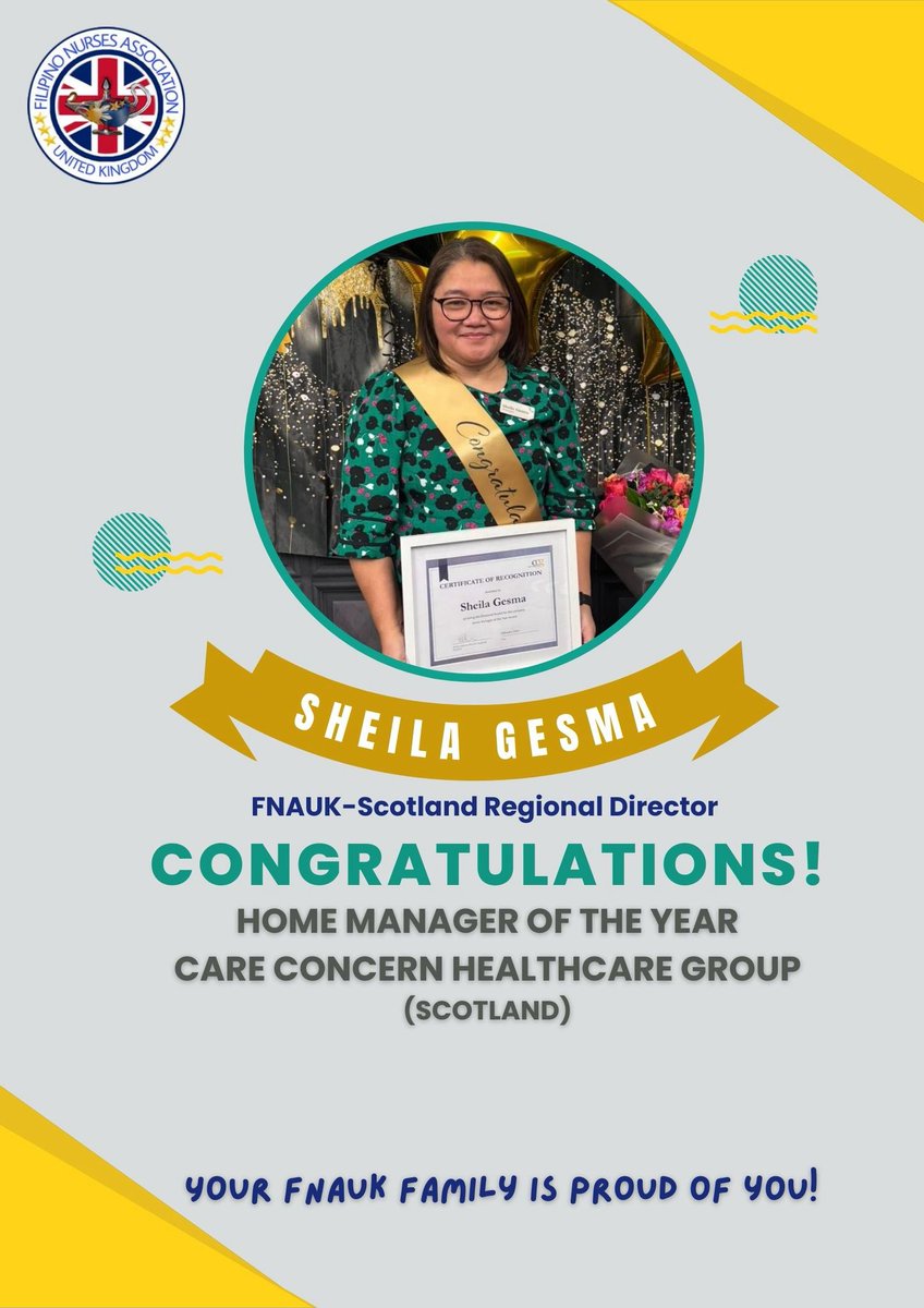 👏🏼👏🏼👏🏼We are so proud to congratulate FNA-UK Regional Director Sheila Gesma for being awarded 🏆Home Manager of the Year🏆! What an outstanding accomplishment and Filipino Nurses Association United Kingdom is so proud of you! #FNAUK #FNAUKScotland #awardwinning 🇵🇭🇬🇧