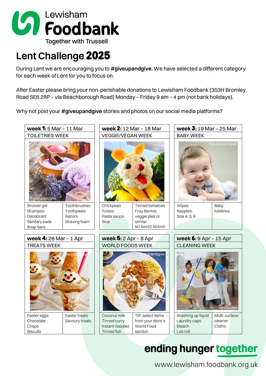 It's the start of Lent next week! Here are some ideas of what you, your family, your street, school, church or workplace might consider donating this year.

We are feeding between 500 and 600 people per week and Easter is always busy, so every donation helps.

#Lent2025