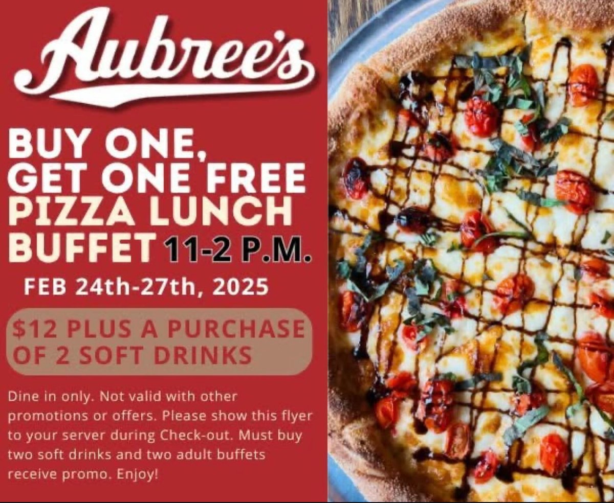 LAST DAY! 🍕🍕🍕
Buy one, get one free Pizza lunch buffet with purchase of two fountain drinks! 

ALL YOU CAN EAT from 11-2 PM