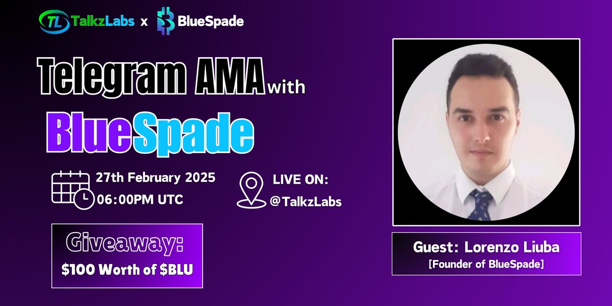 Talkz Labs (@talkzlabs) on Twitter photo 🎙️Upcoming AMA: TalkzLabs X <a href="/Blue__Spade/">BlueSpade | Perpetual DEX</a>
TalkzLabs Will be Hosting an Telegram TextAMA with BlueSpade.
🎁 REWARD: $100 worth of $BLU
📅 DATE: 27th February, 2025
⏰ TIME: 18:00PM UTC
📍 VENUE: t.me/TalkzLabs
‼️Few rules for Twitter question,
Don't forget to follow 🎙️Upcoming AMA: TalkzLabs X <a href="/Blue__Spade/">BlueSpade | Perpetual DEX</a>
TalkzLabs Will be Hosting an Telegram TextAMA with BlueSpade.
🎁 REWARD: $100 worth of $BLU
📅 DATE: 27th February, 2025
⏰ TIME: 18:00PM UTC
📍 VENUE: t.me/TalkzLabs
‼️Few rules for Twitter question,
Don't forget to follow