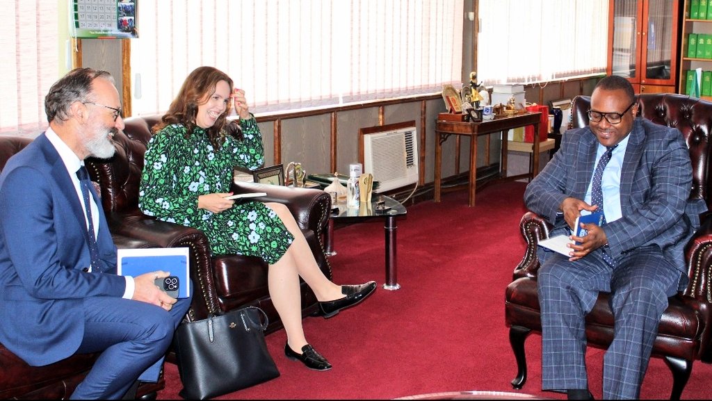 At Charter House in Lusaka today, Hon. Mulambo Haimbe, Minister of Foreign Affairs and International Cooperation received His Excellency Mr. Johan Hallenborg, Ambassador of #Sweden to Zambia, and Her Excellency Ms. Saana Halinen, Ambassador of #Finland to #Zambia.
