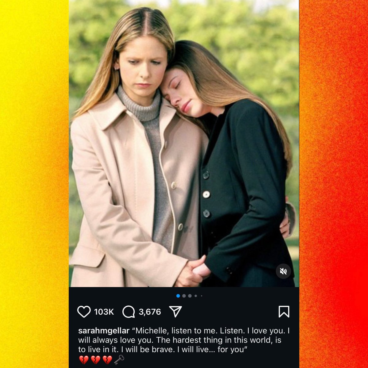 PopCrave's tweet photo. Sarah Michelle Gellar pays tribute to Michelle Trachtenberg:

“Michelle, listen to me. Listen. I love you. I will always love you. The hardest thing in this world, is to live in it. I will be brave. I will live… for you
💔💔💔🗝️” https://t.co/MW2LfZxpJP
