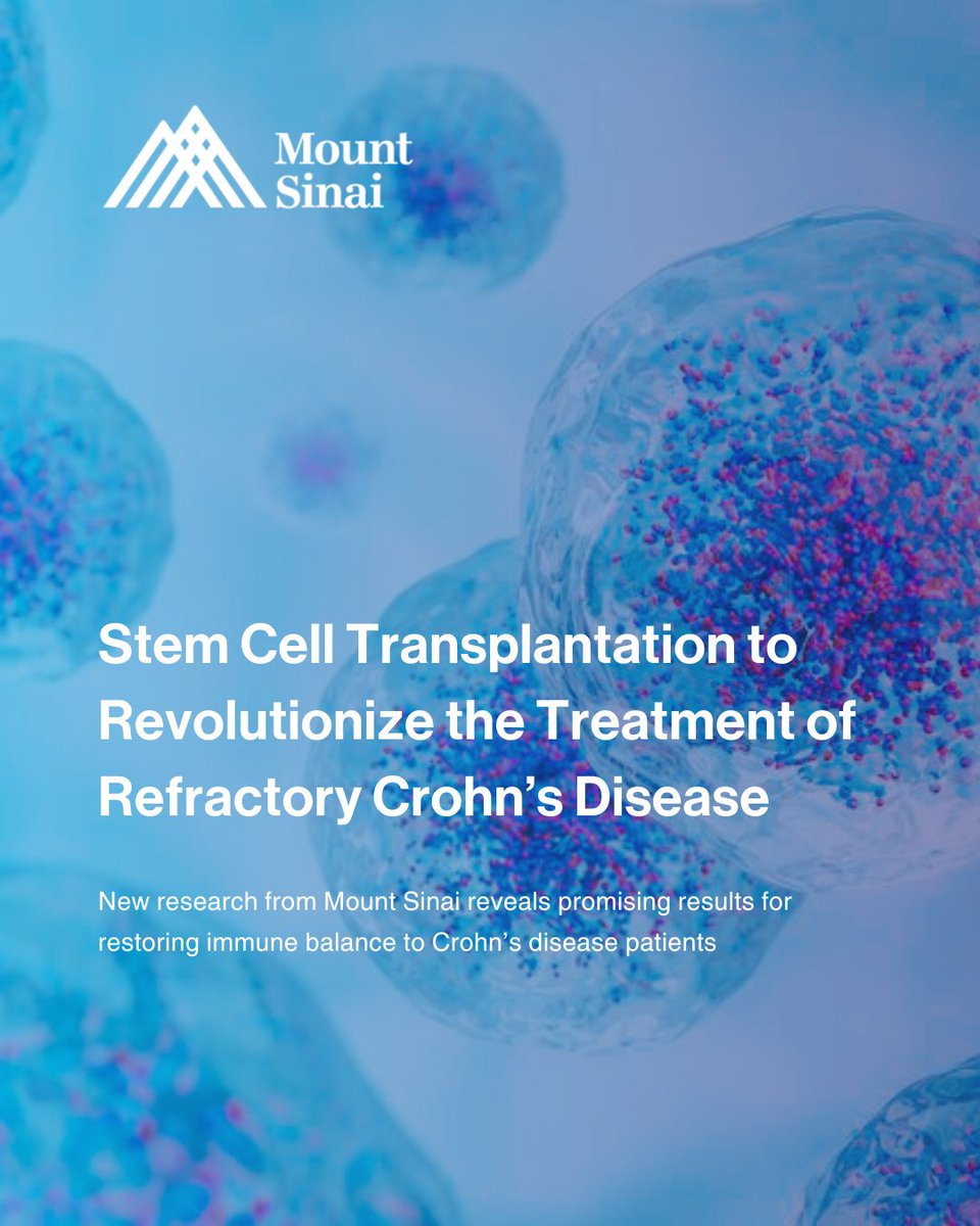 Mount Sinai Department of Medicine (@domsinainyc) on Twitter photo The Cohen Lab at Mount Sinai published new research in GUT on stem cell transplants for refractory Crohn’s disease: bit.ly/41Ip7O9. Findings show over 90% of patients had at least partial intestinal healing.
Learn more: bit.ly/41vYSKx
<a href="/MountSinaiGI/">Mount Sinai Division of Gastroenterology</a> The Cohen Lab at Mount Sinai published new research in GUT on stem cell transplants for refractory Crohn’s disease: bit.ly/41Ip7O9. Findings show over 90% of patients had at least partial intestinal healing.
Learn more: bit.ly/41vYSKx
<a href="/MountSinaiGI/">Mount Sinai Division of Gastroenterology</a>